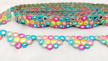 Multicoloured Indian Foil Mirror Trim, Kutch Embroidered Navratri Garba Dress Trim Bridal Lace, Indian Sari Border